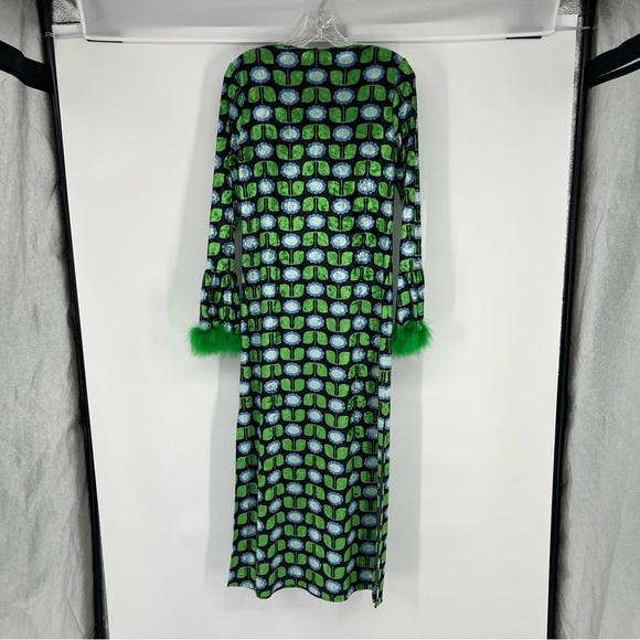 Anna Sui Green Floral Velvet Feather Cuff Abstract Pop Art Festival Maxi Dress S - Picture 8 of 8